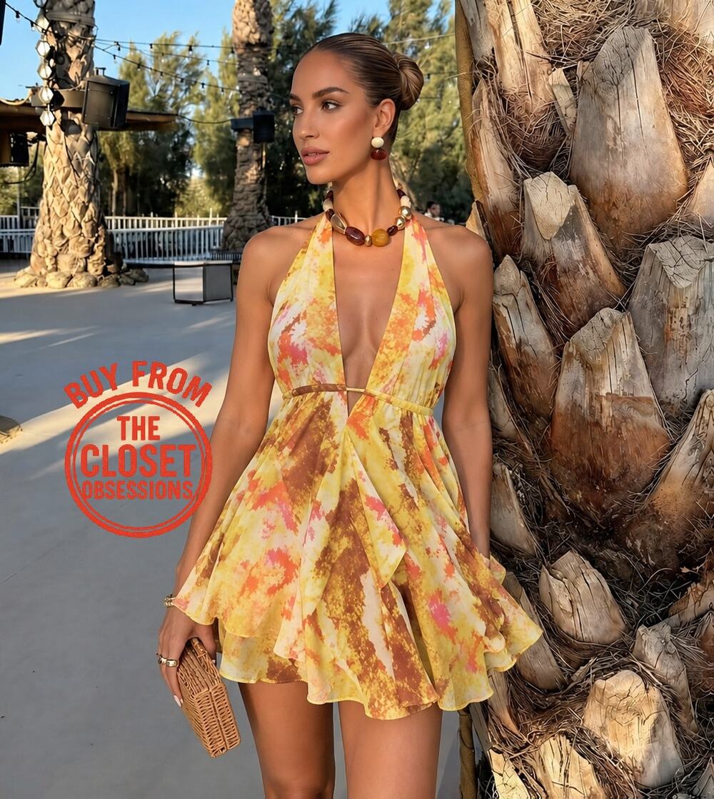 ZARA Yellow Floral Halter Mini Dress Open Back Resort Vacation Sundress NWT